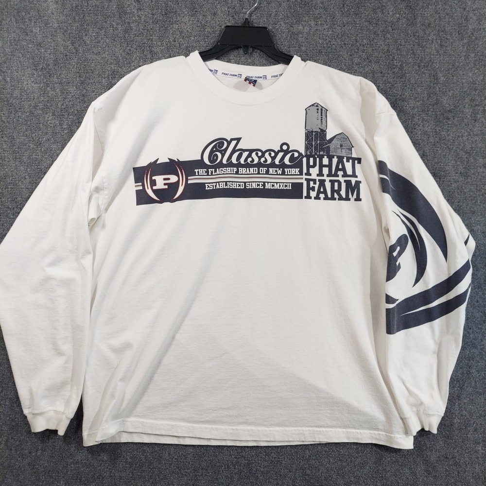 Vintage Phat Farm Graphic T-Shirt Men XXL White Long Sleeve Logo Streetwear Y2K